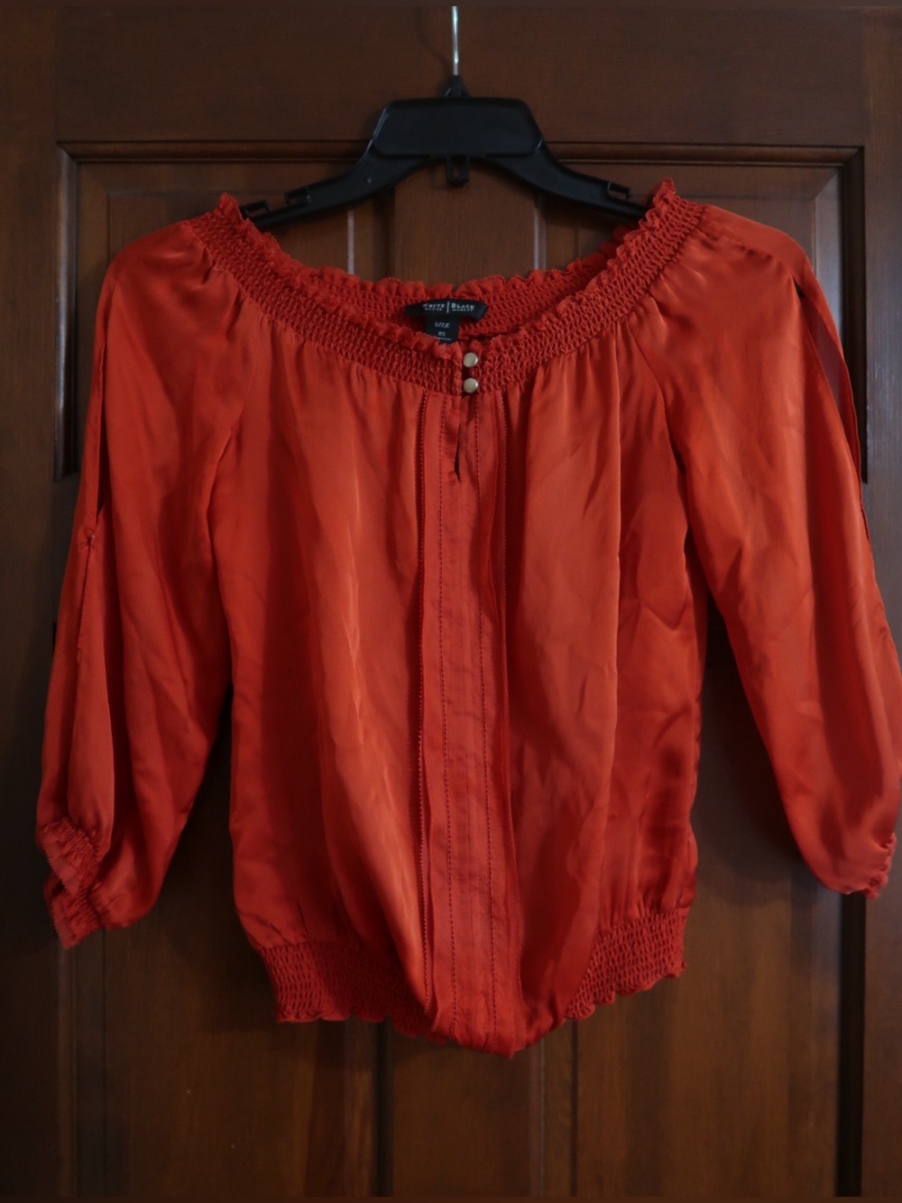 White House Black Market Red Smocked Off-Shoulder Blouse